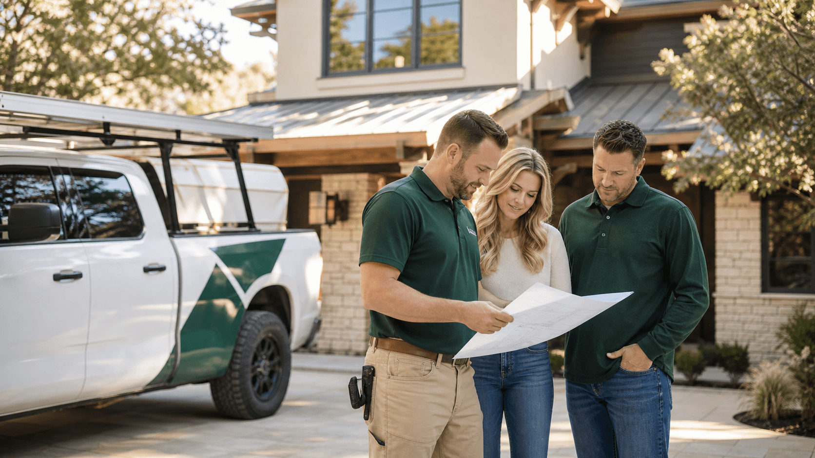 Contractor team reviewing plans with a homeowner outside a finished home.