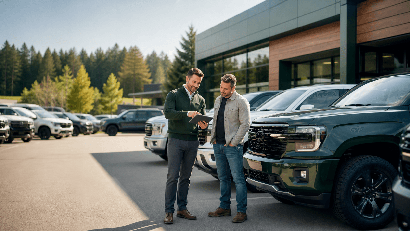 Auto salesperson reviewing inventory with a buyer on a dealership lot.