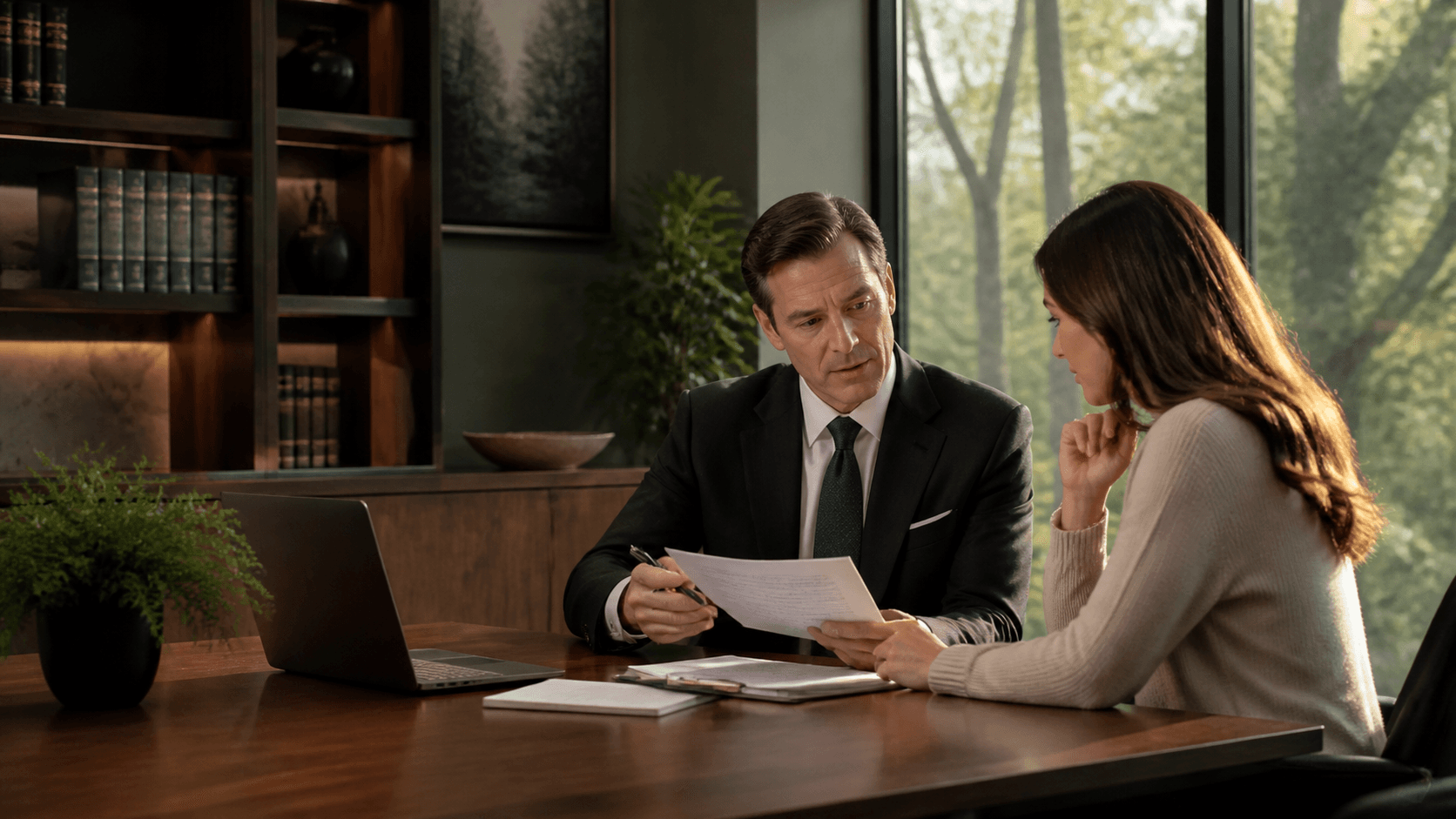 Attorney reviewing legal documents with a client in a law office.