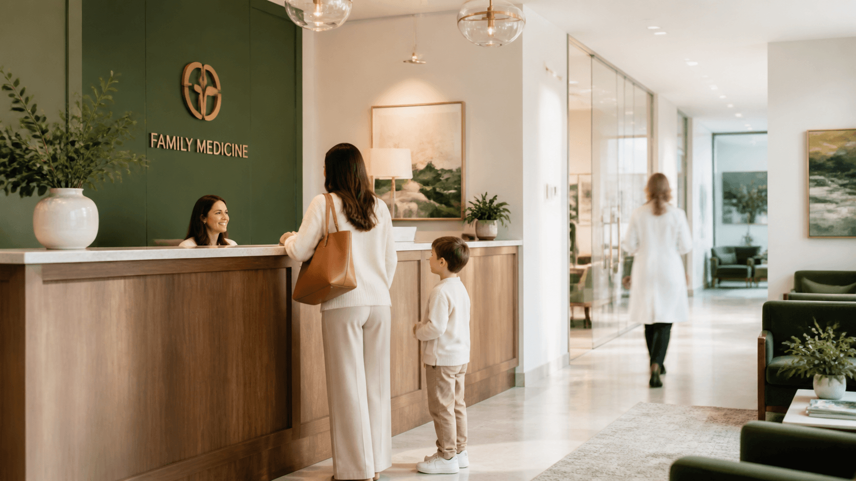 Modern family medicine clinic reception with a patient checking in.
