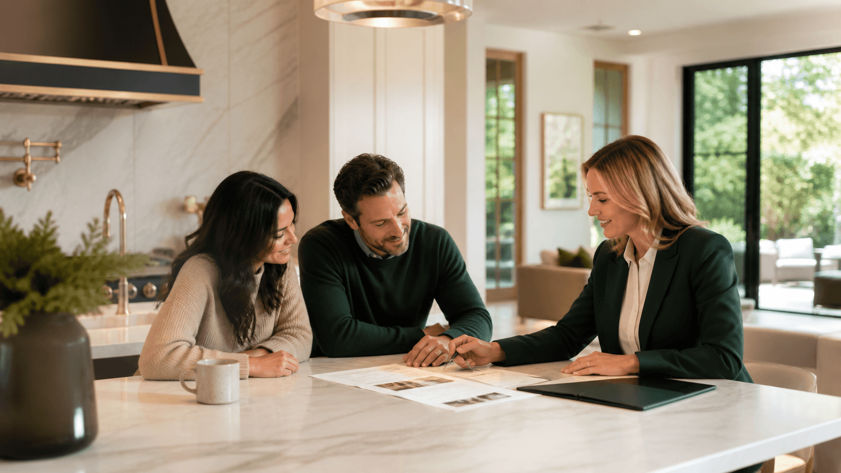Real estate agent reviewing listing paperwork with clients in a bright home.
