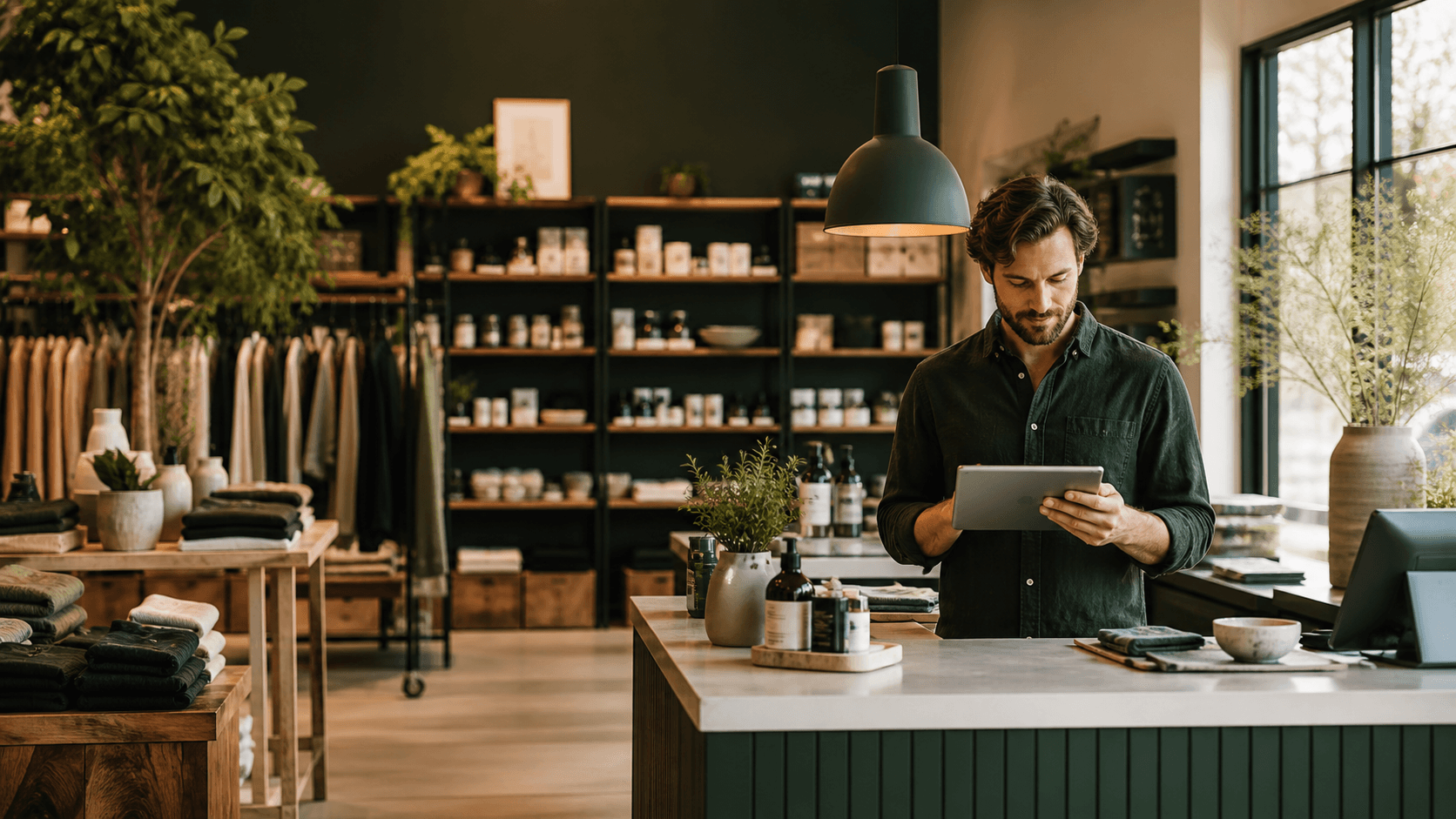 Retail store owner checking a tablet inside a boutique shop.