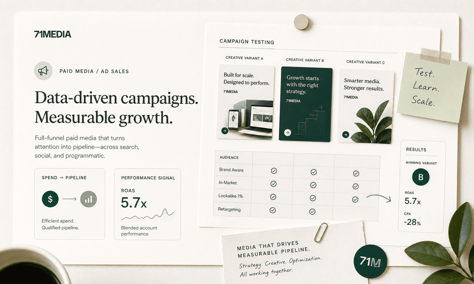 Paid media campaign testing board preview.
