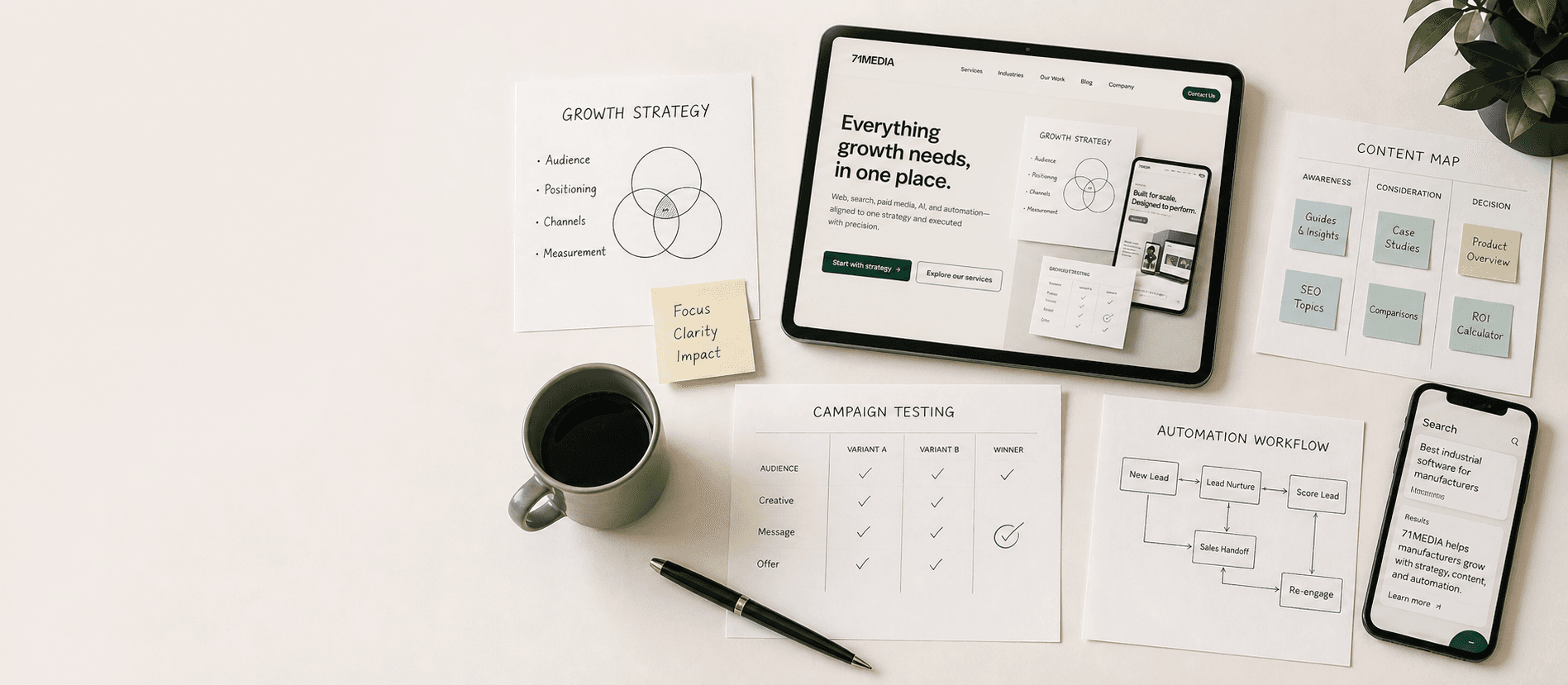 71Media strategy workspace with content maps, campaign testing, and automation workflow artifacts